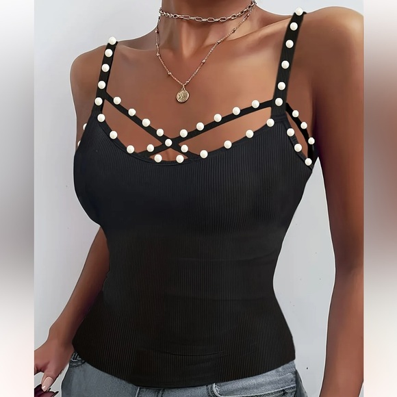 Boutique Tops - 262. Elegant Pearl-Embellished Cami Top - Sexy Off-Shoulder Ribbed Design,